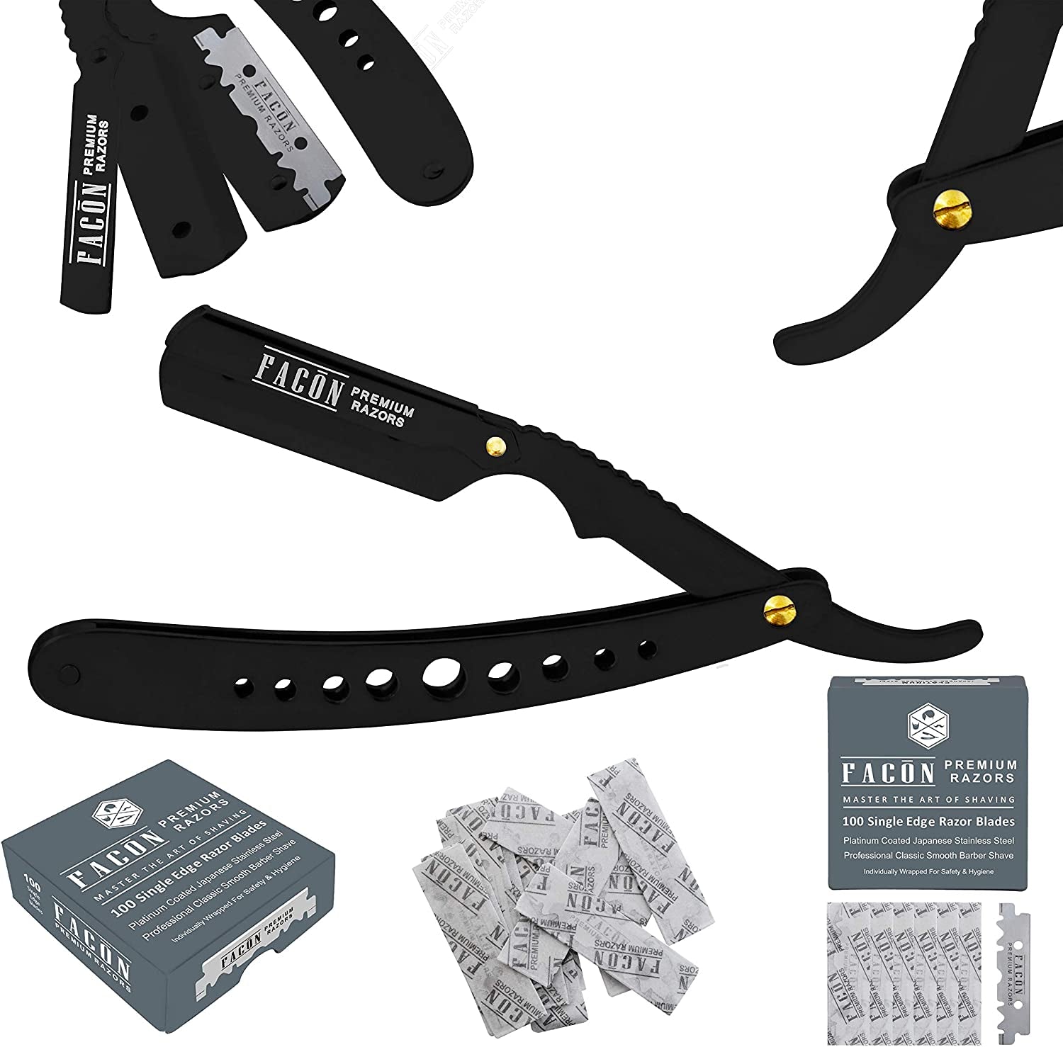 100 BLADES +  Professional Classic Straight Edge Barber Razor - Salon Quality Cut Throat Shavette